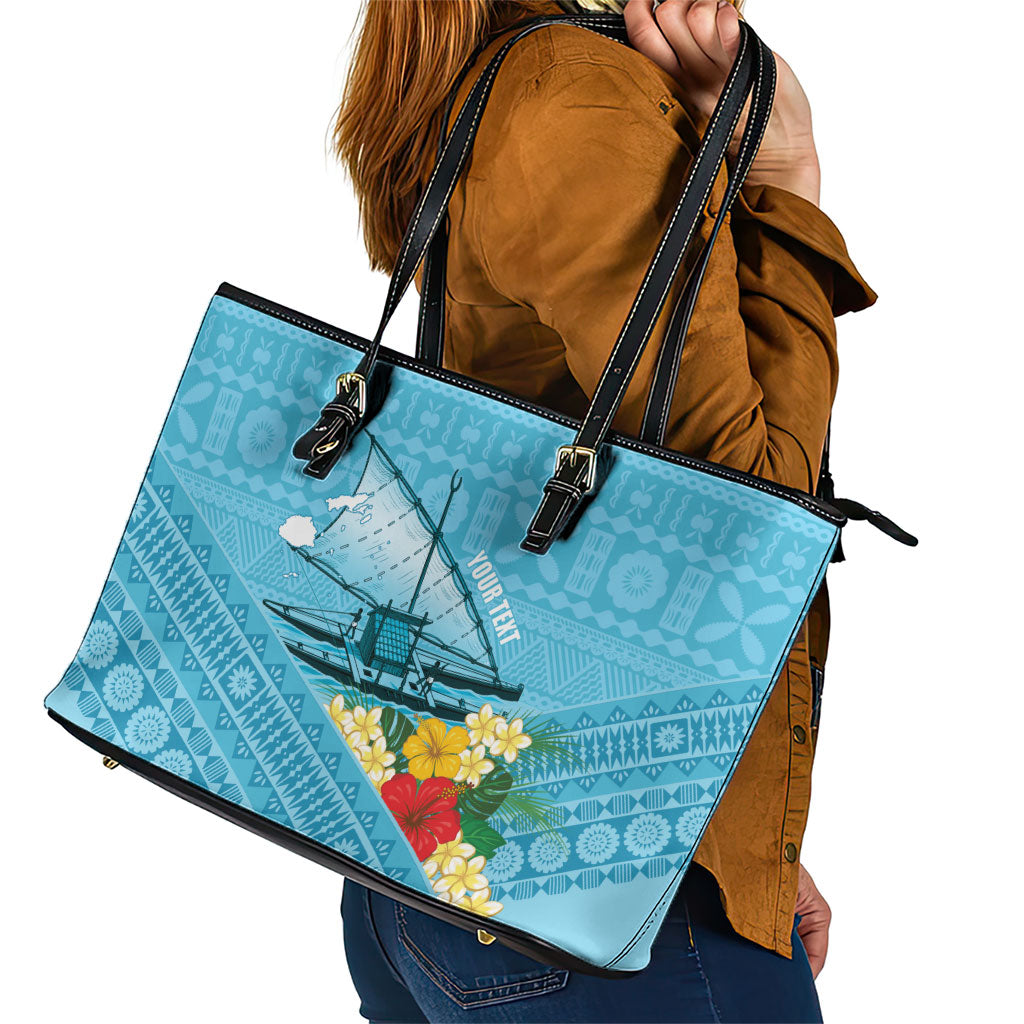 Personalised Bula Vinaka Fiji Drua Leather Tote Bag Fijian Traditional Canoe Tapa Cloth Blue LT14 - Polynesian Pride