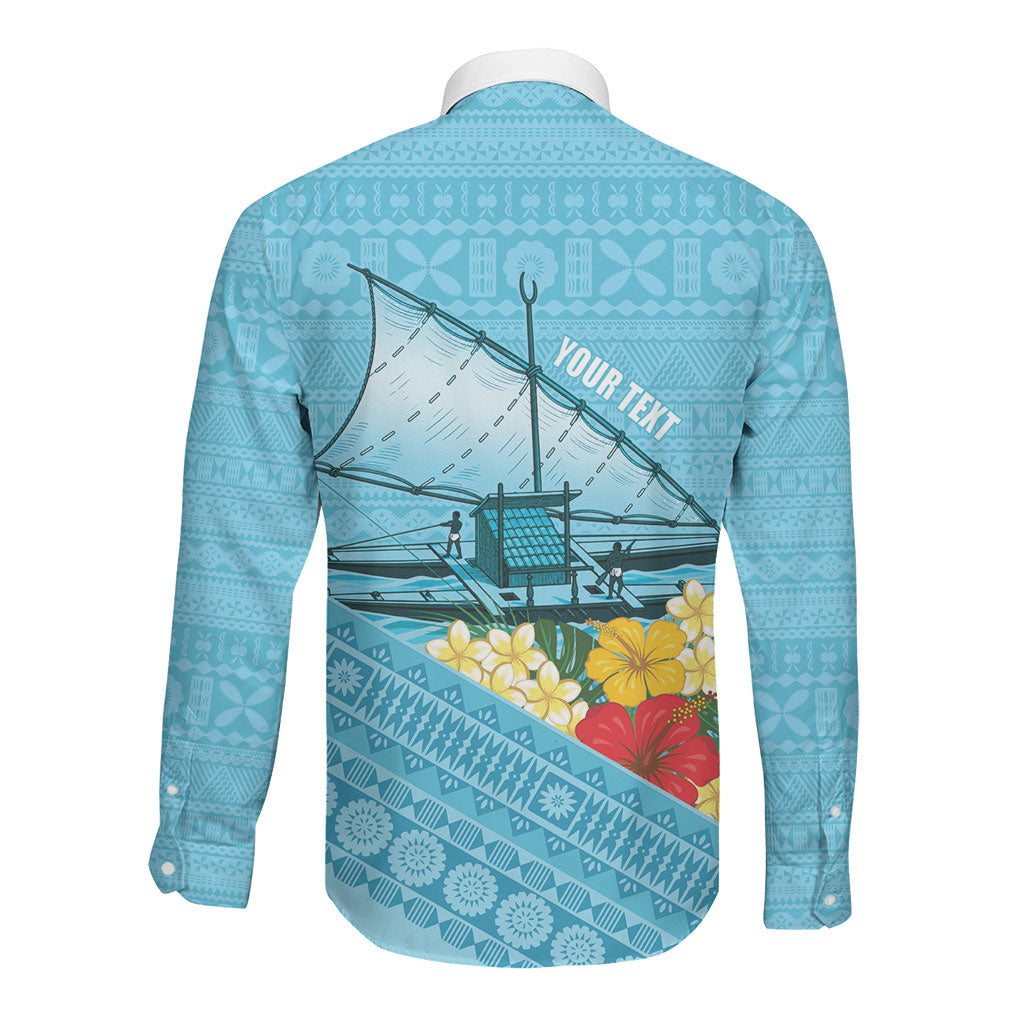 Personalised Bula Vinaka Fiji Drua Long Sleeve Button Shirt Fijian Traditional Canoe Tapa Cloth Blue LT14 - Polynesian Pride