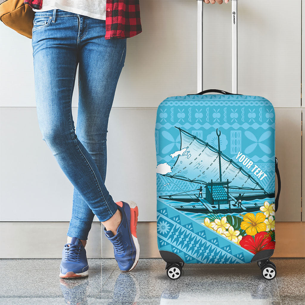 Personalised Bula Vinaka Fiji Drua Luggage Cover Fijian Traditional Canoe Tapa Cloth Blue LT14 - Polynesian Pride