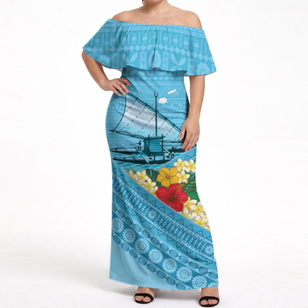 Personalised Bula Vinaka Fiji Drua Off Shoulder Maxi Dress Fijian Traditional Canoe Tapa Cloth Blue LT14 Women Blue - Polynesian Pride