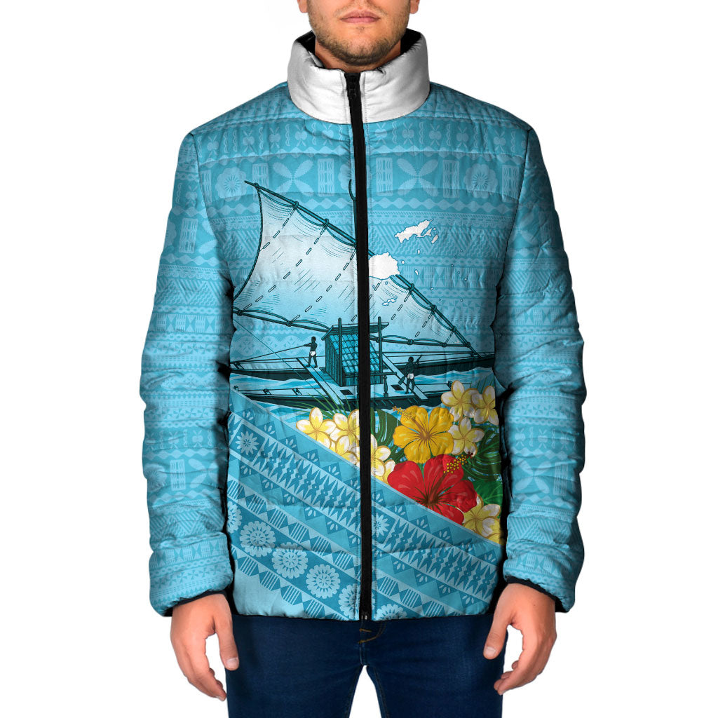 Personalised Bula Vinaka Fiji Drua Padded Jacket Fijian Traditional Canoe Tapa Cloth Blue LT14 Men Blue - Polynesian Pride
