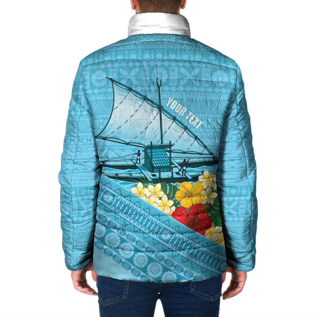 Personalised Bula Vinaka Fiji Drua Padded Jacket Fijian Traditional Canoe Tapa Cloth Blue LT14 - Polynesian Pride