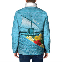 Personalised Bula Vinaka Fiji Drua Padded Jacket Fijian Traditional Canoe Tapa Cloth Blue LT14 - Polynesian Pride