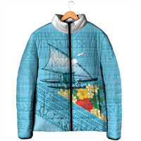 Personalised Bula Vinaka Fiji Drua Padded Jacket Fijian Traditional Canoe Tapa Cloth Blue LT14 - Polynesian Pride