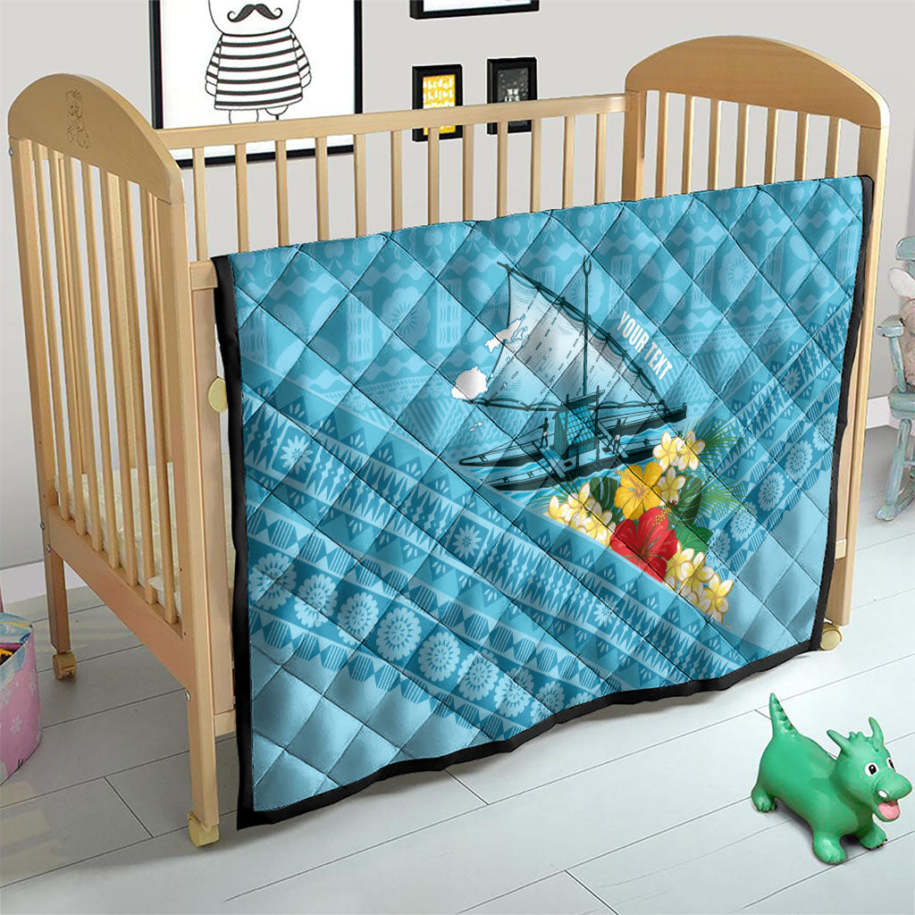 Personalised Bula Vinaka Fiji Drua Quilt Fijian Traditional Canoe Tapa Cloth Blue LT14 - Polynesian Pride