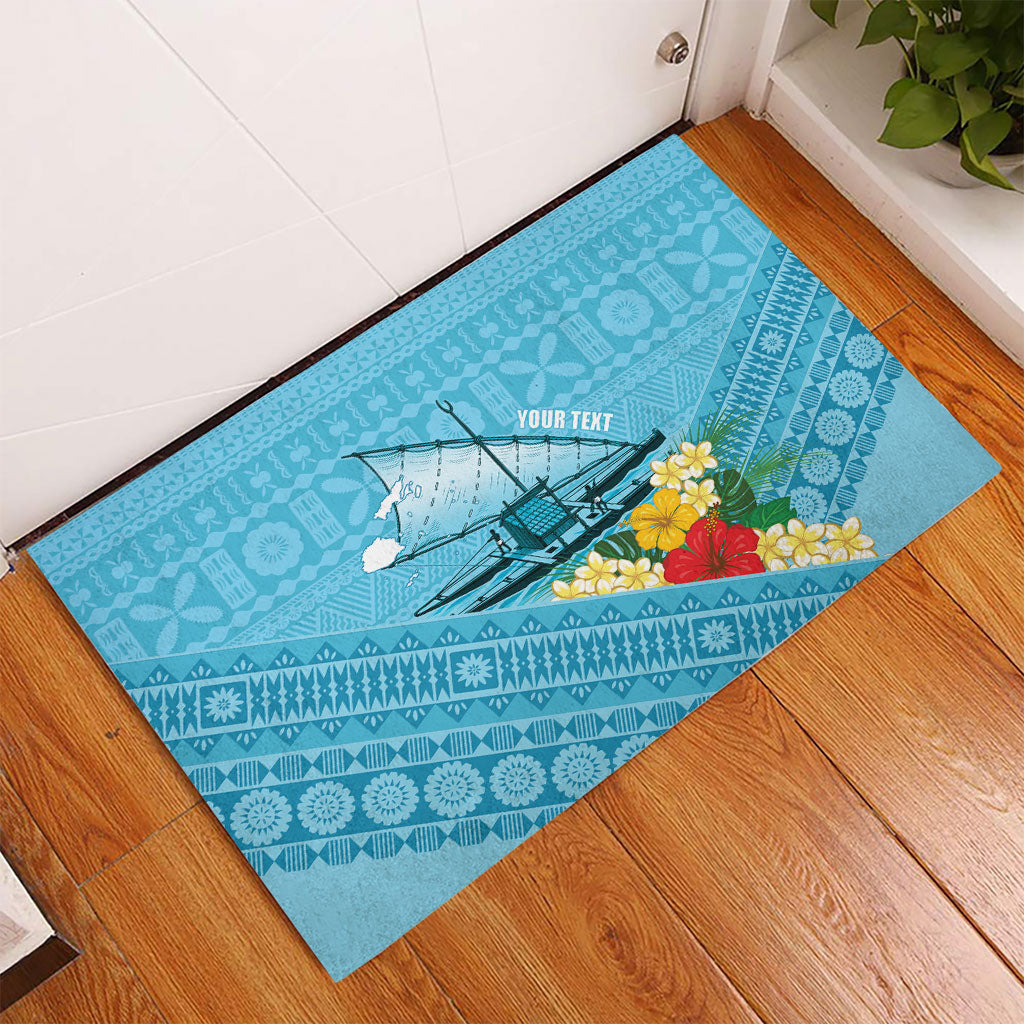 Personalised Bula Vinaka Fiji Drua Rubber Doormat Fijian Traditional Canoe Tapa Cloth Blue LT14 - Polynesian Pride