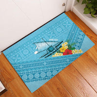 Personalised Bula Vinaka Fiji Drua Rubber Doormat Fijian Traditional Canoe Tapa Cloth Blue LT14 - Polynesian Pride