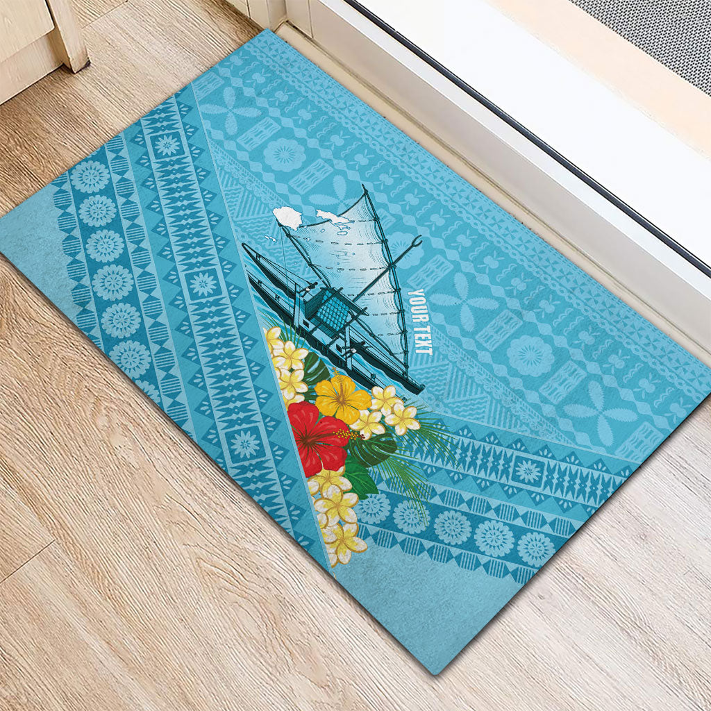 Personalised Bula Vinaka Fiji Drua Rubber Doormat Fijian Traditional Canoe Tapa Cloth Blue LT14 - Polynesian Pride