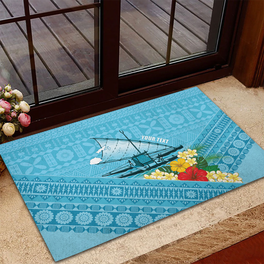 Personalised Bula Vinaka Fiji Drua Rubber Doormat Fijian Traditional Canoe Tapa Cloth Blue LT14 - Polynesian Pride
