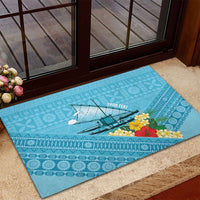Personalised Bula Vinaka Fiji Drua Rubber Doormat Fijian Traditional Canoe Tapa Cloth Blue LT14 - Polynesian Pride