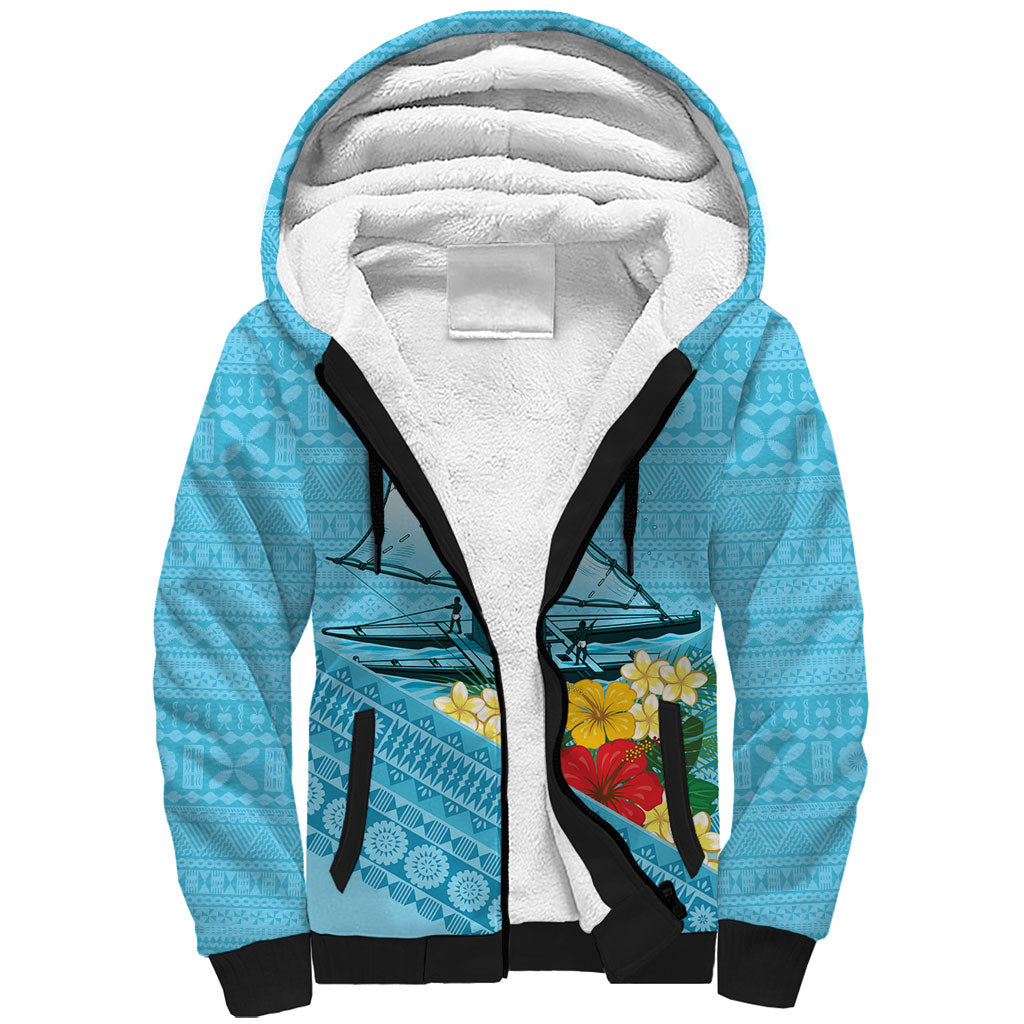 Personalised Bula Vinaka Fiji Drua Sherpa Hoodie Fijian Traditional Canoe Tapa Cloth Blue LT14 Unisex Blue - Polynesian Pride
