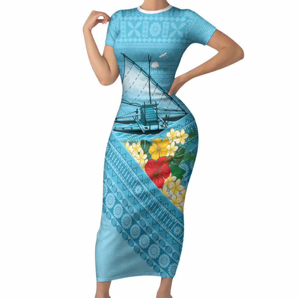 Personalised Bula Vinaka Fiji Drua Short Sleeve Bodycon Dress Fijian Traditional Canoe Tapa Cloth Blue