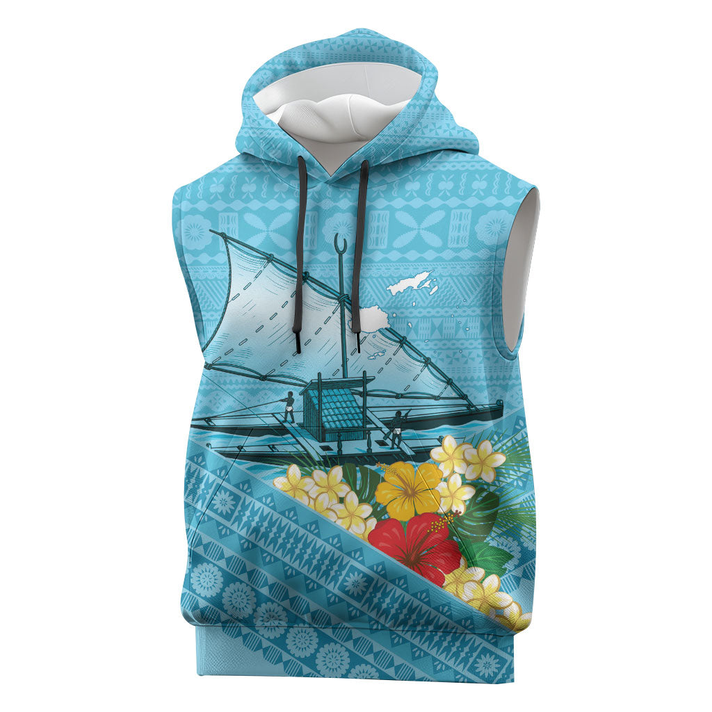 Personalised Bula Vinaka Fiji Drua Sleeveless Hoodie Fijian Traditional Canoe Tapa Cloth Blue LT14 Blue - Polynesian Pride