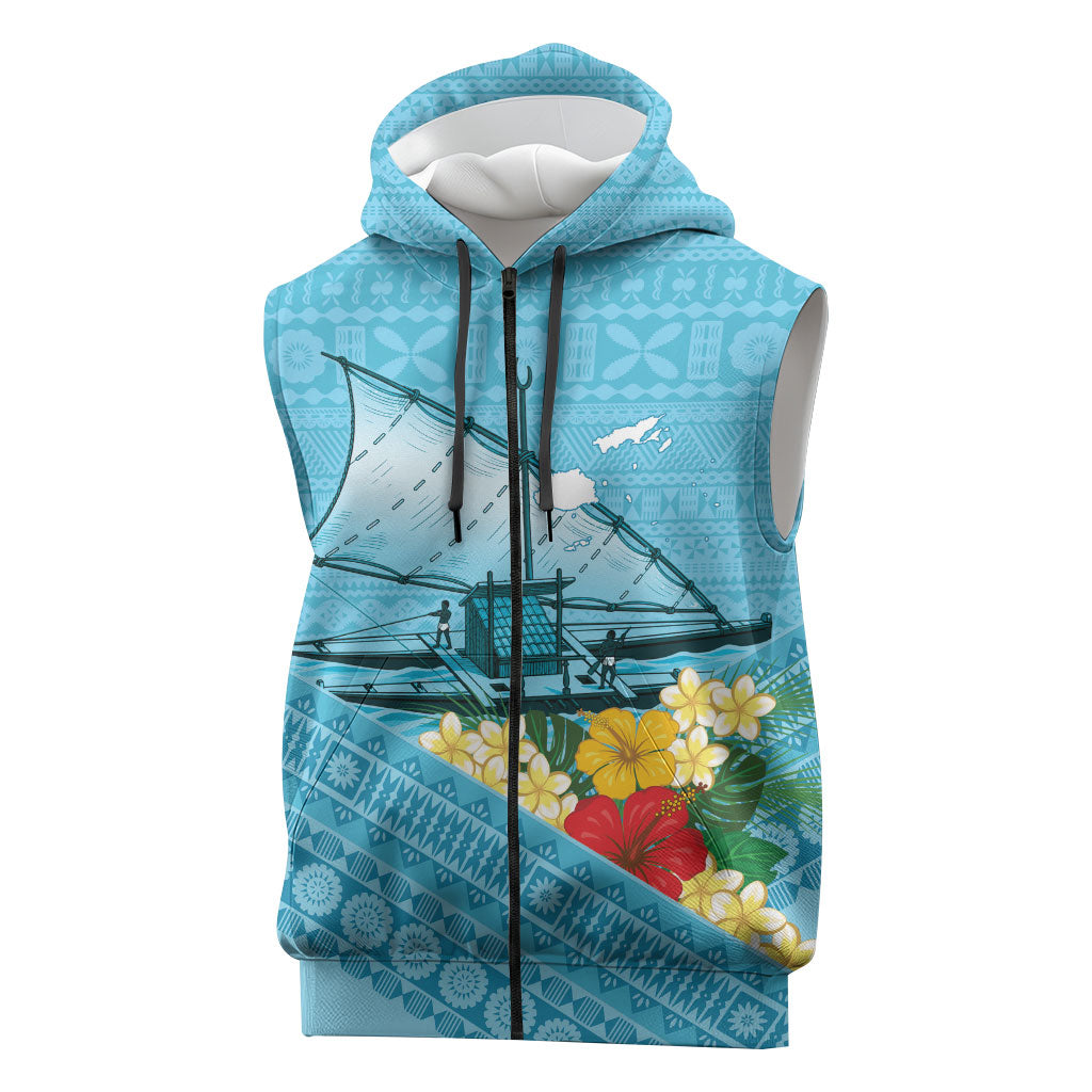 Personalised Bula Vinaka Fiji Drua Sleeveless Zip Hoodie Fijian Traditional Canoe Tapa Cloth Blue LT14 Blue - Polynesian Pride