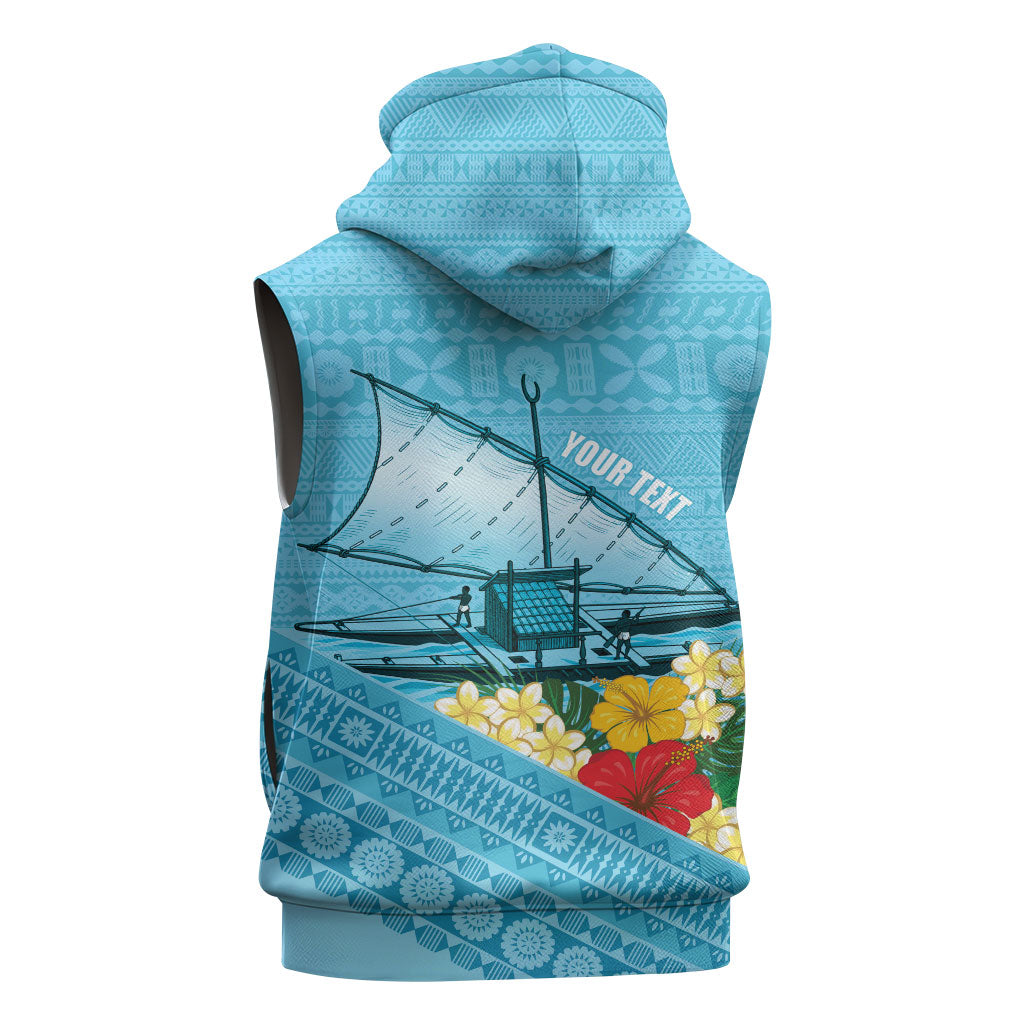 Personalised Bula Vinaka Fiji Drua Sleeveless Zip Hoodie Fijian Traditional Canoe Tapa Cloth Blue LT14 - Polynesian Pride
