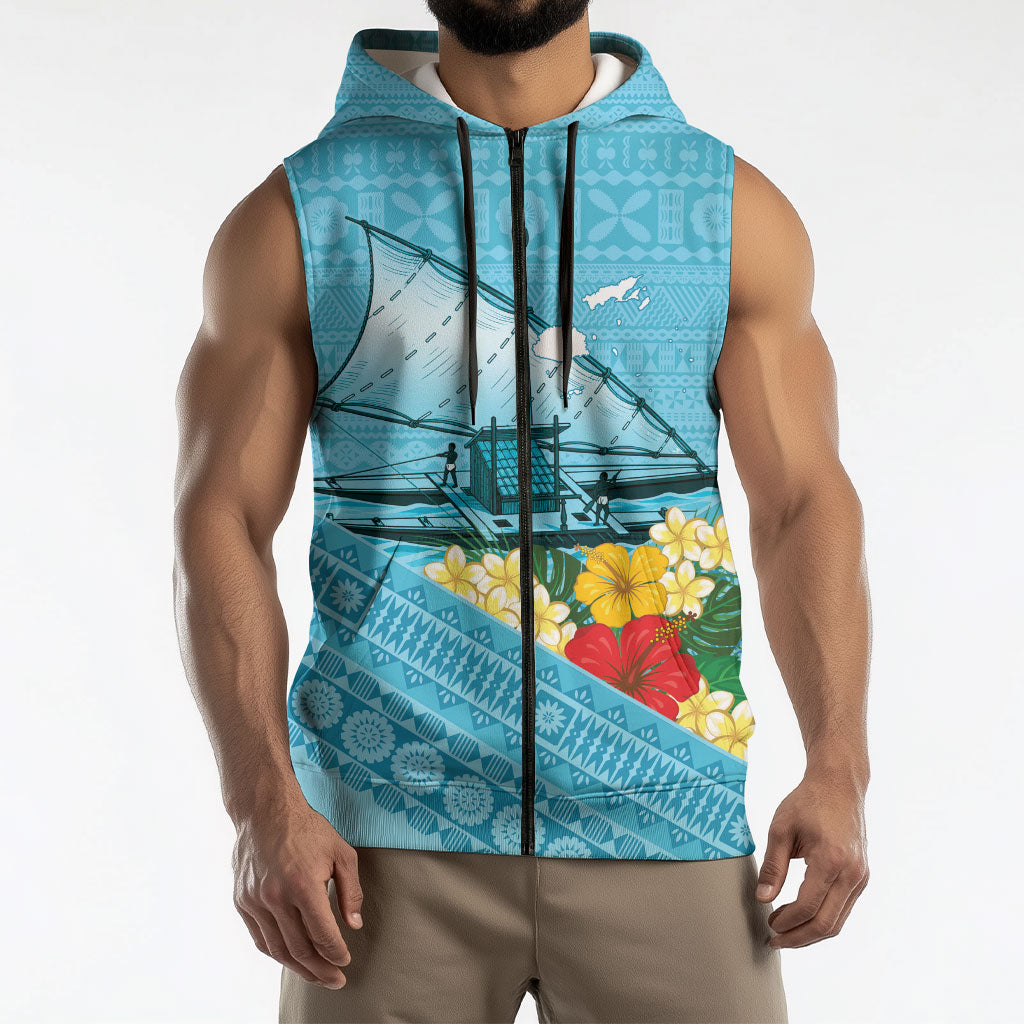 Personalised Bula Vinaka Fiji Drua Sleeveless Zip Hoodie Fijian Traditional Canoe Tapa Cloth Blue LT14 - Polynesian Pride