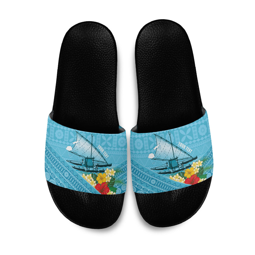 Personalised Bula Vinaka Fiji Drua Slide Sandals Fijian Traditional Canoe Tapa Cloth Blue LT14 Blue - Polynesian Pride