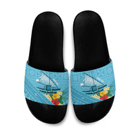 Personalised Bula Vinaka Fiji Drua Slide Sandals Fijian Traditional Canoe Tapa Cloth Blue LT14 Blue - Polynesian Pride