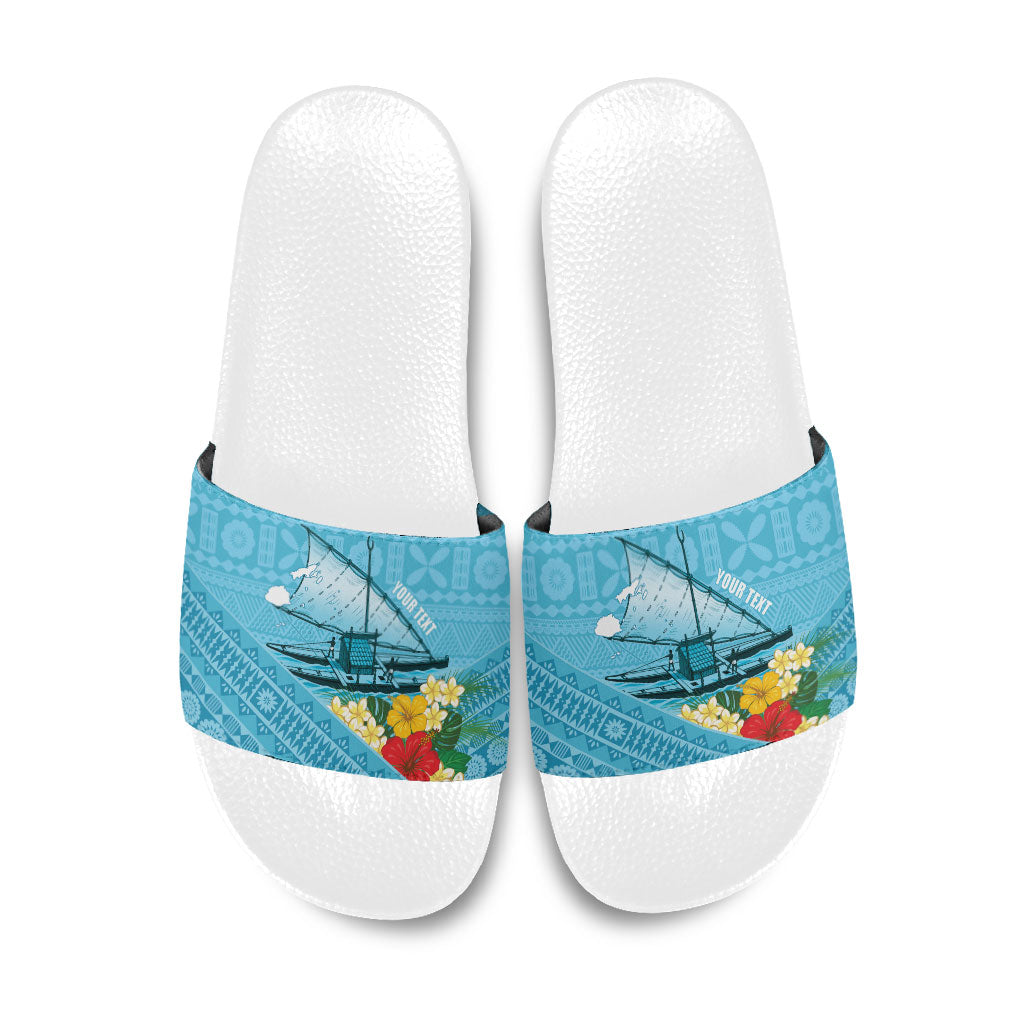 Personalised Bula Vinaka Fiji Drua Slide Sandals Fijian Traditional Canoe Tapa Cloth Blue LT14 Blue - Polynesian Pride