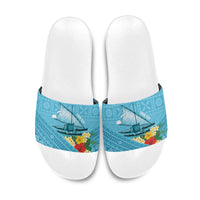 Personalised Bula Vinaka Fiji Drua Slide Sandals Fijian Traditional Canoe Tapa Cloth Blue LT14 Blue - Polynesian Pride