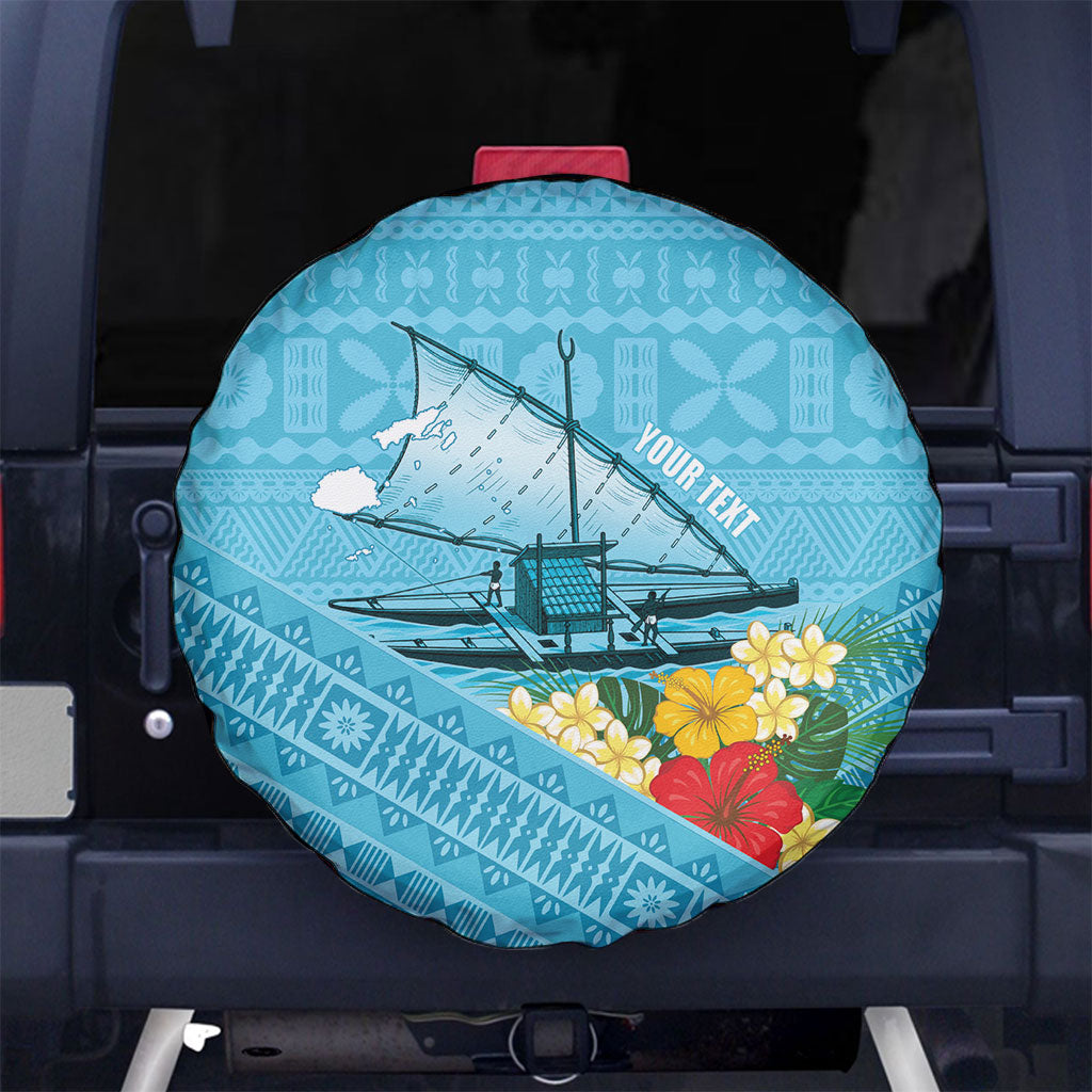 Personalised Bula Vinaka Fiji Drua Spare Tire Cover Fijian Traditional Canoe Tapa Cloth Blue