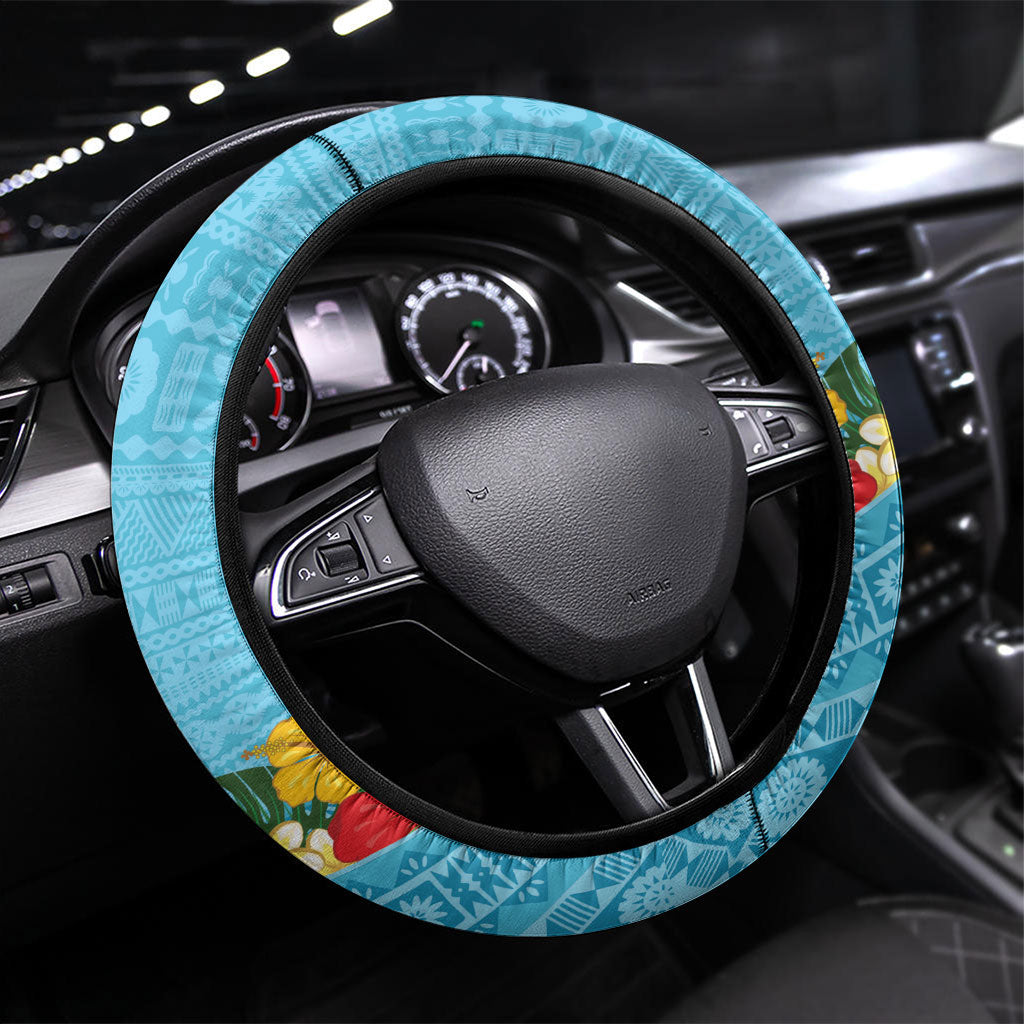 Bula Vinaka Fiji Drua Steering Wheel Cover Fijian Traditional Canoe Tapa Cloth Blue LT14 Universal Fit Blue - Polynesian Pride
