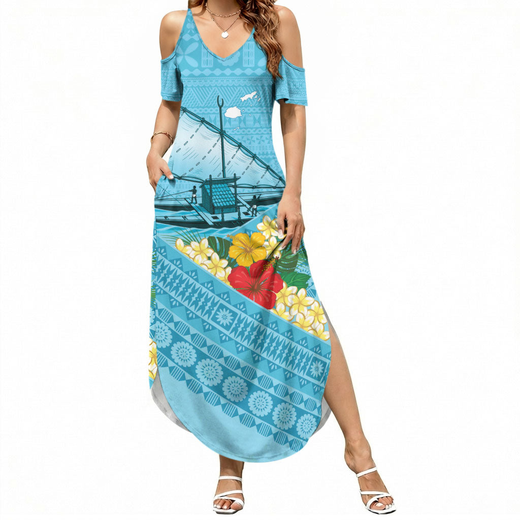Personalised Bula Vinaka Fiji Drua Summer Maxi Dress Fijian Traditional Canoe Tapa Cloth Blue LT14 Women Blue - Polynesian Pride