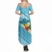 Personalised Bula Vinaka Fiji Drua Summer Maxi Dress Fijian Traditional Canoe Tapa Cloth Blue LT14 - Polynesian Pride