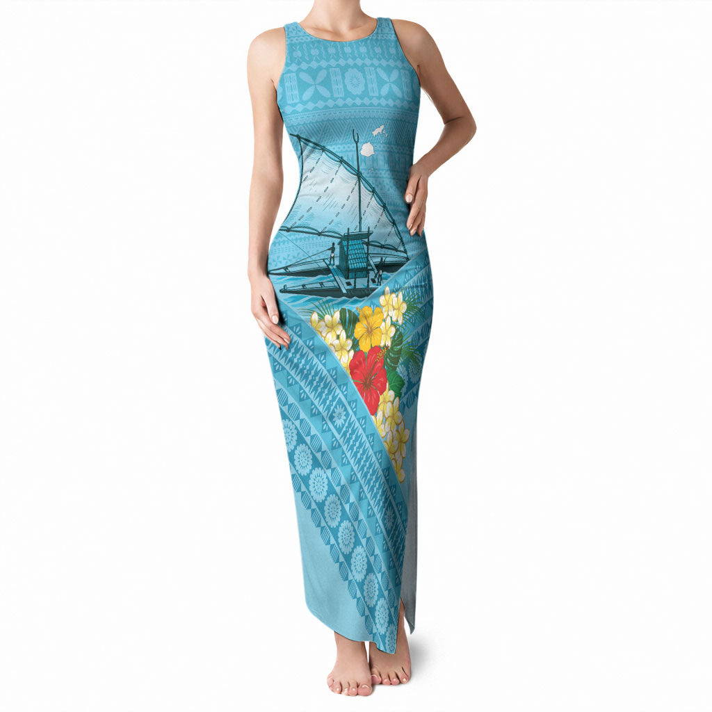 Personalised Bula Vinaka Fiji Drua Tank Maxi Dress Fijian Traditional Canoe Tapa Cloth Blue