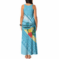 Personalised Bula Vinaka Fiji Drua Tank Maxi Dress Fijian Traditional Canoe Tapa Cloth Blue LT14 - Polynesian Pride