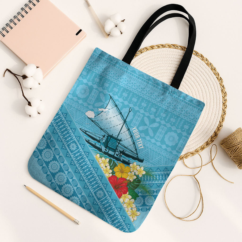 Personalised Bula Vinaka Fiji Drua Tote Bag Fijian Traditional Canoe Tapa Cloth Blue LT14 Black Strap One Size Blue - Polynesian Pride