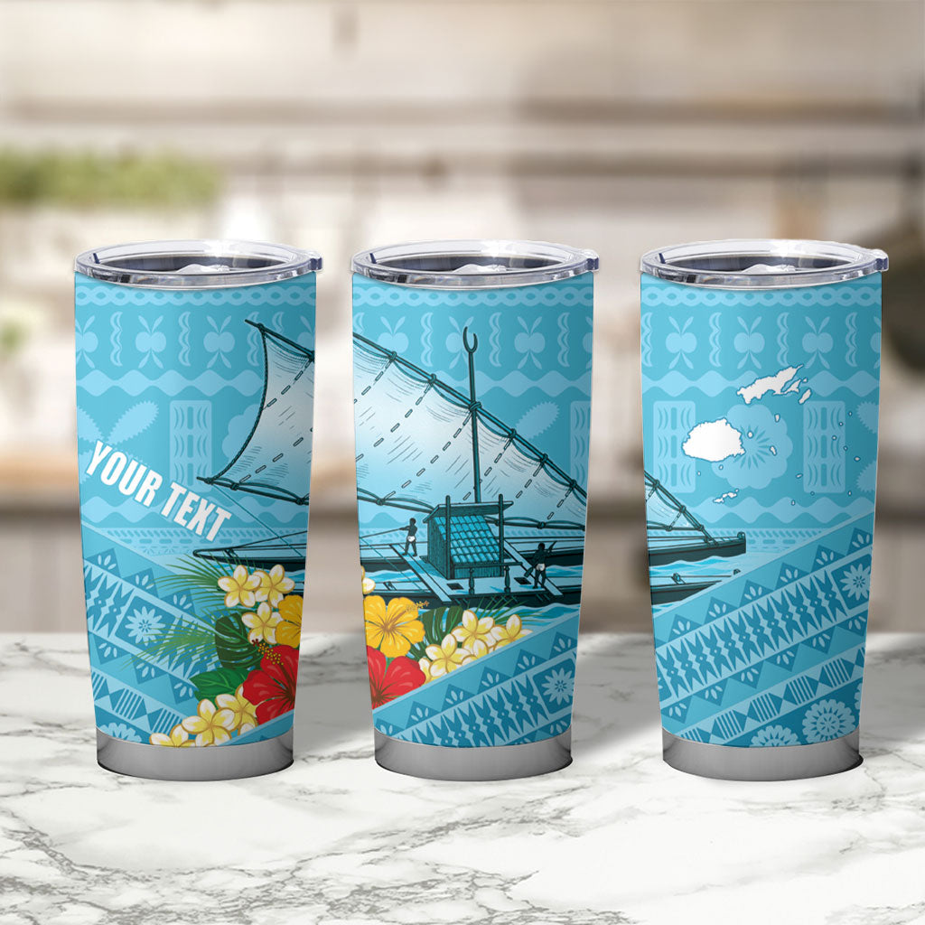 Personalised Bula Vinaka Fiji Drua Tumbler Cup Fijian Traditional Canoe Tapa Cloth Blue LT14 - Polynesian Pride
