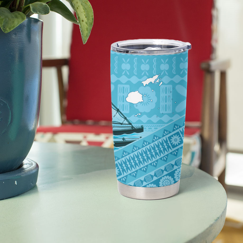 Personalised Bula Vinaka Fiji Drua Tumbler Cup Fijian Traditional Canoe Tapa Cloth Blue LT14 - Polynesian Pride