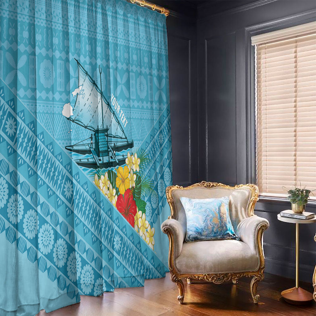 Personalised Bula Vinaka Fiji Drua Window Curtain Fijian Traditional Canoe Tapa Cloth Blue LT14 - Polynesian Pride