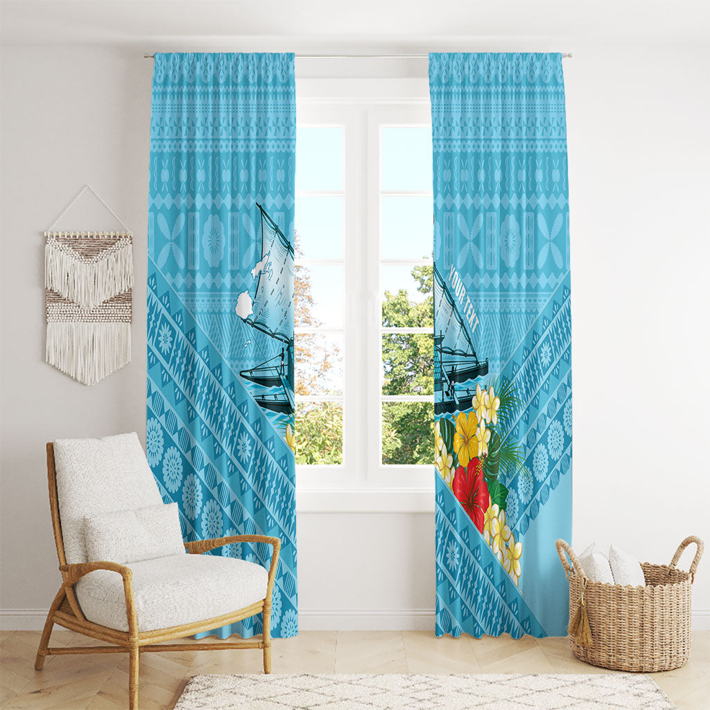 Personalised Bula Vinaka Fiji Drua Window Curtain Fijian Traditional Canoe Tapa Cloth Blue LT14 - Polynesian Pride