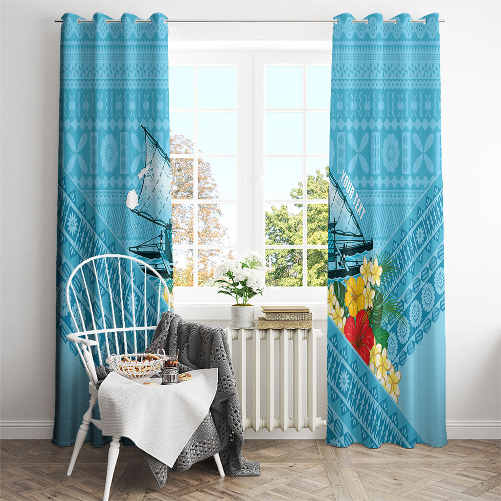 Personalised Bula Vinaka Fiji Drua Window Curtain Fijian Traditional Canoe Tapa Cloth Blue LT14 - Polynesian Pride