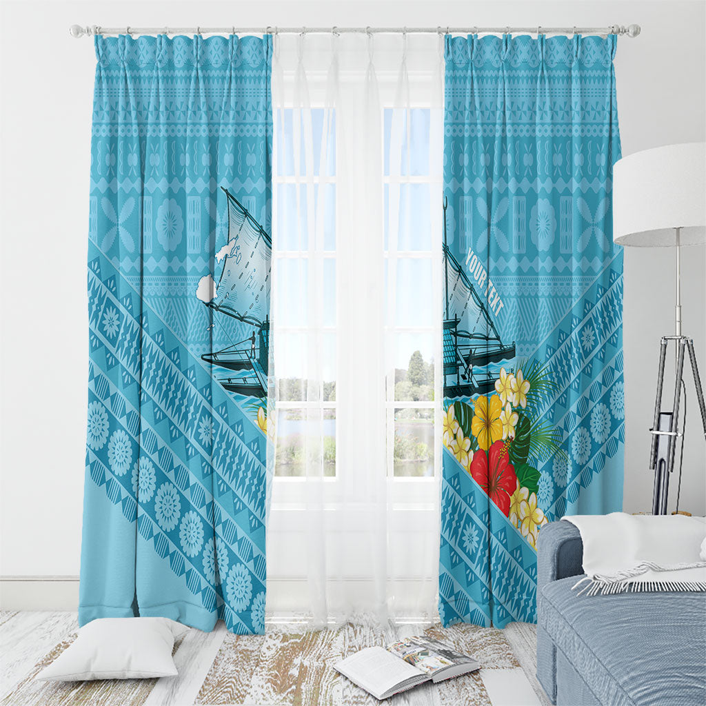 Personalised Bula Vinaka Fiji Drua Window Curtain Fijian Traditional Canoe Tapa Cloth Blue LT14 - Polynesian Pride