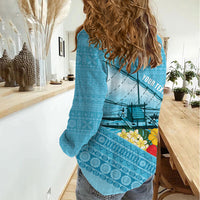 Personalised Bula Vinaka Fiji Drua Women Casual Shirt Fijian Traditional Canoe Tapa Cloth Blue LT14 - Polynesian Pride