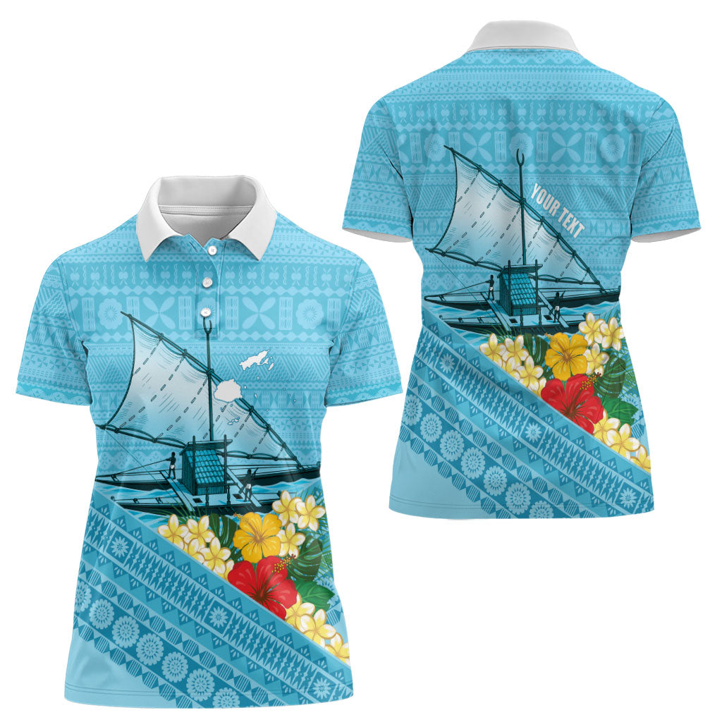 Personalised Bula Vinaka Fiji Drua Women Polo Shirt Fijian Traditional Canoe Tapa Cloth Blue LT14 - Polynesian Pride