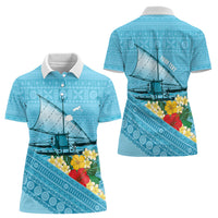 Personalised Bula Vinaka Fiji Drua Women Polo Shirt Fijian Traditional Canoe Tapa Cloth Blue LT14 - Polynesian Pride
