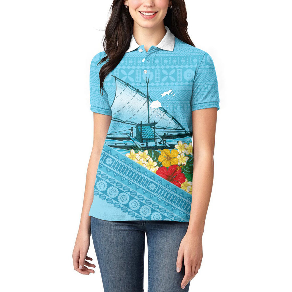 Personalised Bula Vinaka Fiji Drua Women Polo Shirt Fijian Traditional Canoe Tapa Cloth Blue LT14 - Polynesian Pride