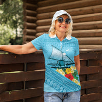Personalised Bula Vinaka Fiji Drua Women Polo Shirt Fijian Traditional Canoe Tapa Cloth Blue LT14 - Polynesian Pride
