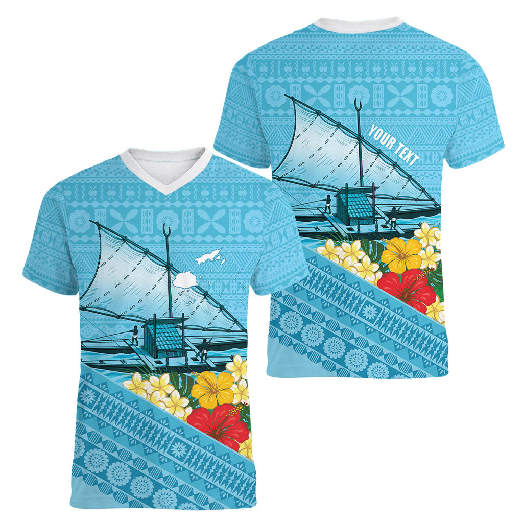 Personalised Bula Vinaka Fiji Drua Women V-Neck T-Shirt Fijian Traditional Canoe Tapa Cloth Blue LT14 - Polynesian Pride