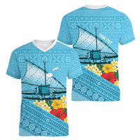 Personalised Bula Vinaka Fiji Drua Women V-Neck T-Shirt Fijian Traditional Canoe Tapa Cloth Blue LT14 - Polynesian Pride