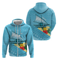 Personalised Bula Vinaka Fiji Drua Zip Hoodie Fijian Traditional Canoe Tapa Cloth Blue LT14 - Polynesian Pride