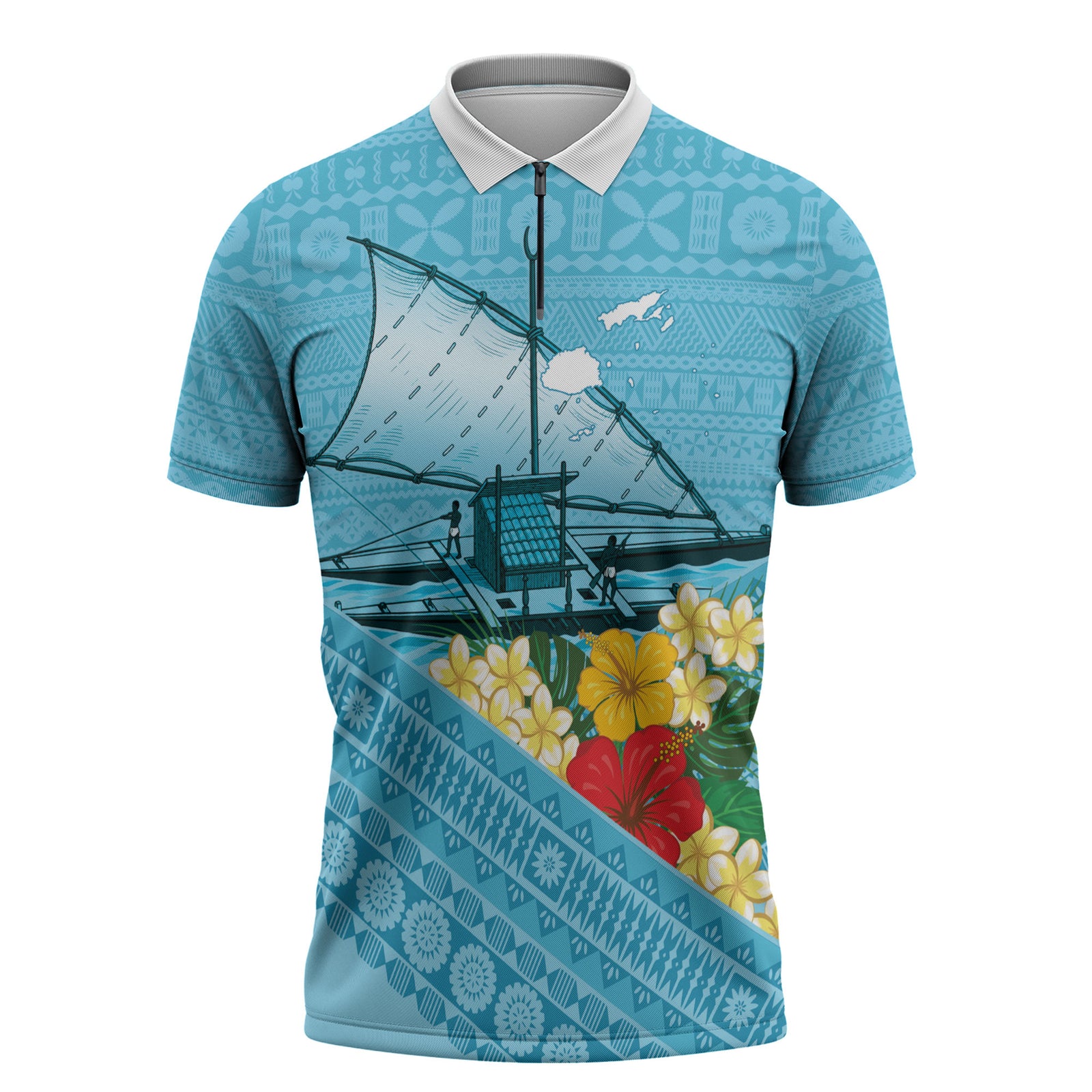 Personalised Bula Vinaka Fiji Drua Zipper Polo Shirt Fijian Traditional Canoe Tapa Cloth Blue