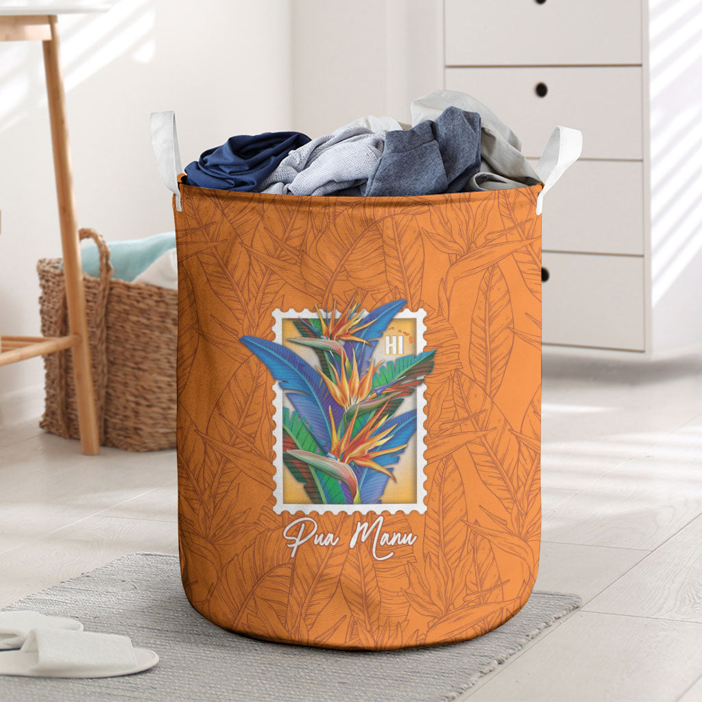 Aloha Hawaii Pua Manu Laundry Basket Hawaiian Bird of Paradise Flowers Stylized Stamp
