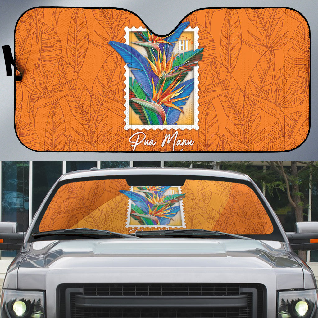 Aloha Hawaii Pua Manu Auto Sun Shade Hawaiian Bird of Paradise Flowers Stylized Stamp