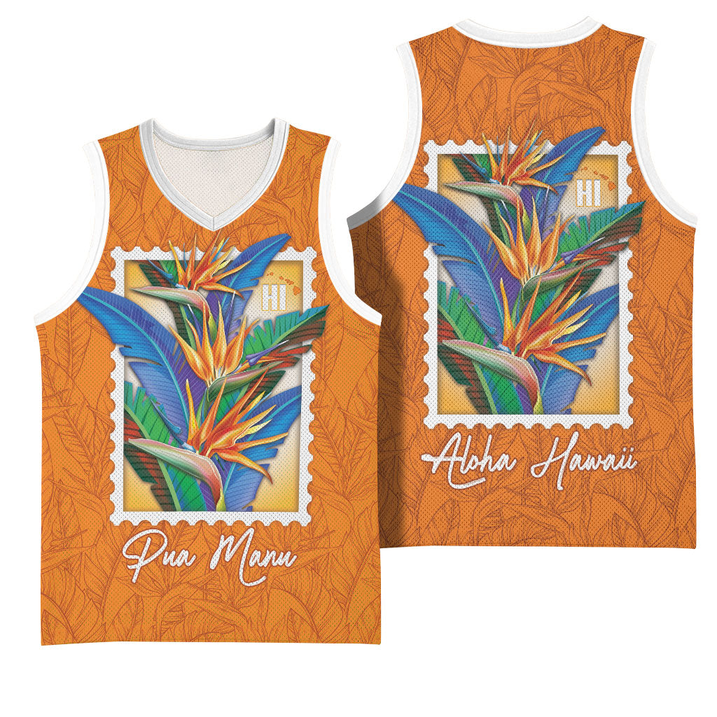 Aloha Hawaii Pua Manu Basketball Jersey Hawaiian Bird of Paradise Flowers Stylized Stamp LT14 - Polynesian Pride