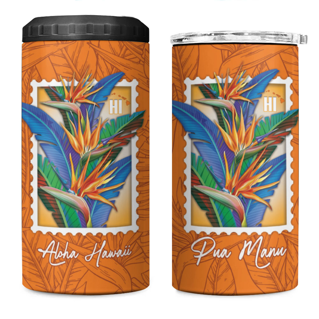 Aloha Hawaii Pua Manu 4 in 1 Can Cooler Tumbler Hawaiian Bird of Paradise Flowers Stylized Stamp